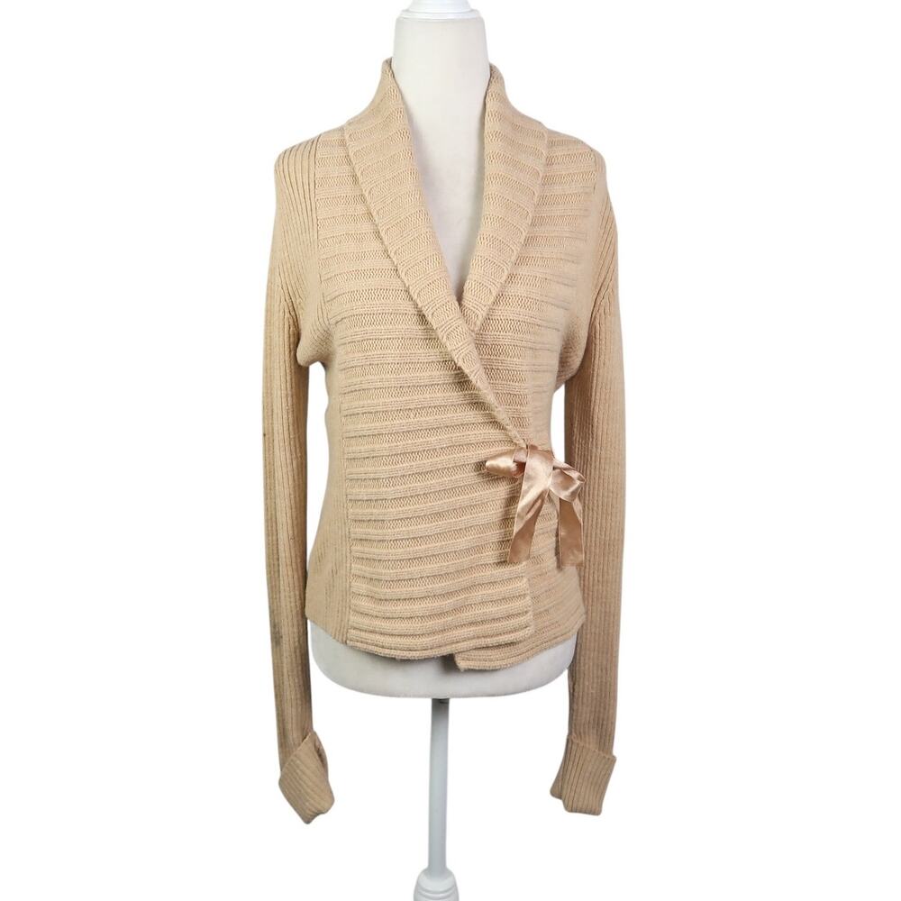 Vintage Y2K Energie Tan Rib Knit Wrap Front Cardigan Sweater L